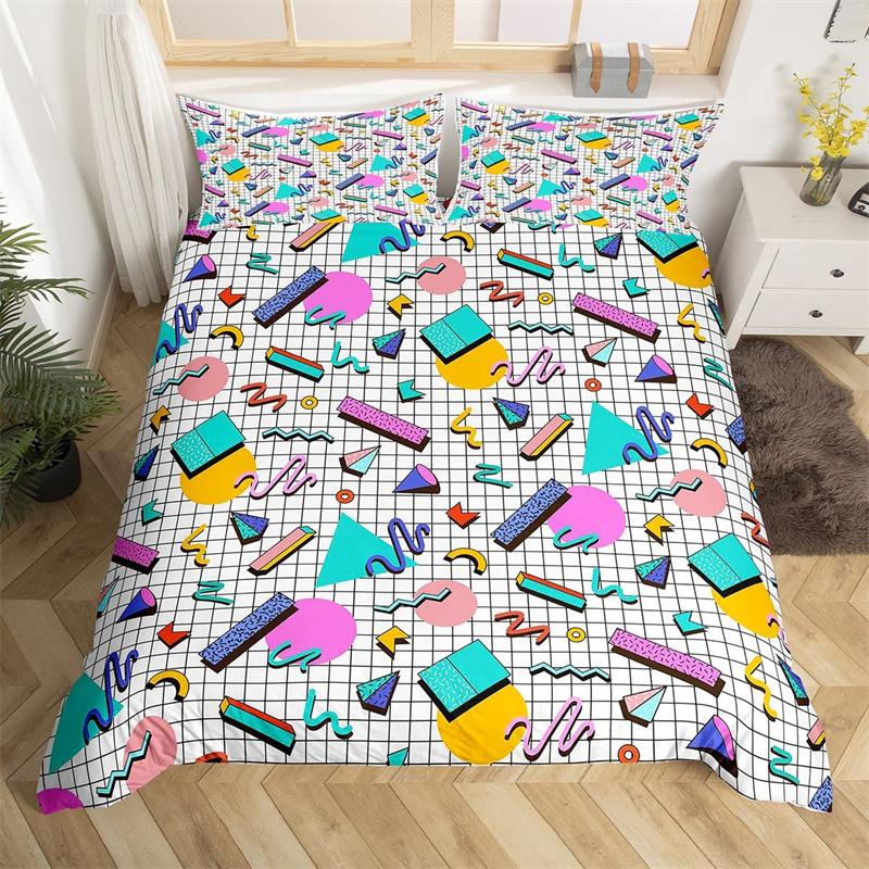 Retro 80s Style Bedding Set Twin King Size Abstract Geometric Pattern Duvet Cover Set Microfiber Circle And Triangle Quilt Cover