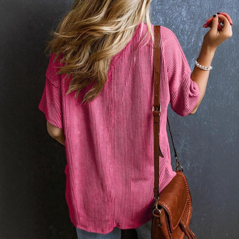 YYFS Women's Fashion Casual Solid Color Print Summer Spring Short Sleeve V-Neck Blouses & Shirts