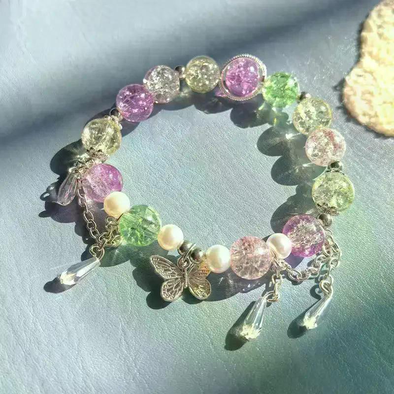 Bracciale con Perline e Ciondolo Farfalla in Cristallo Rosa Stile Coreano Ins per Donne Ragazze Dolce Catena di Perline Gioielli Regali