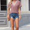 Women's Blouse Spring Summer Solid Color V-neck Folded Sleeves Ladies Top