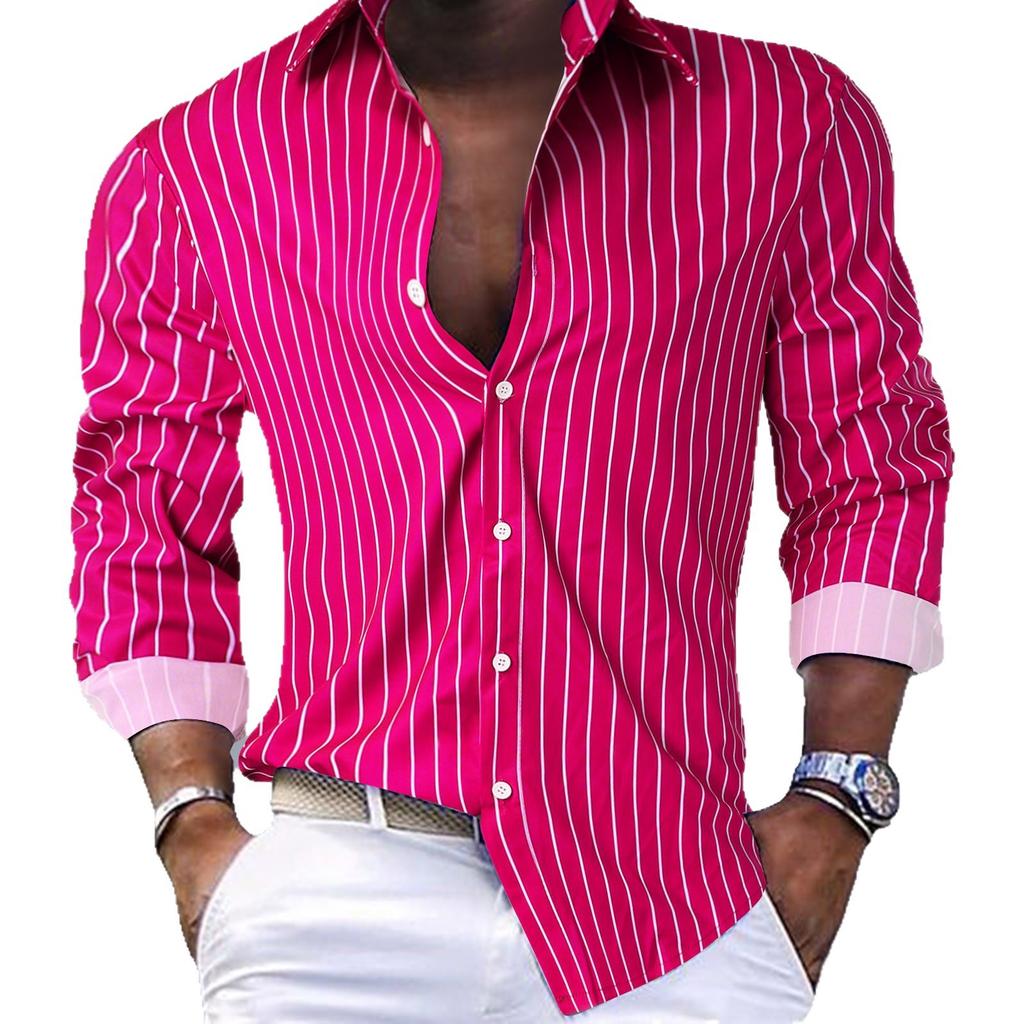 Men Striped Turn Down Collar Long Sleeve Casual Button Down Shirt