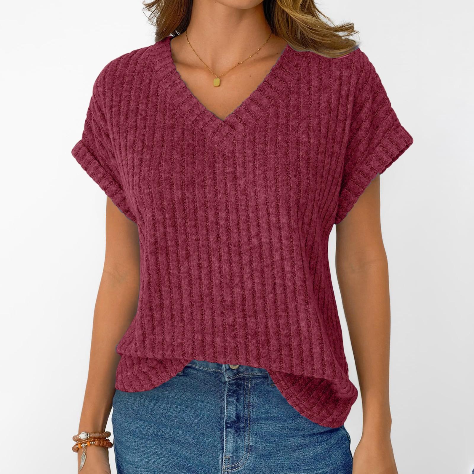 

Жіночий модний повсякденний топ з короткими рукавами та V-подібним вирізом, тонкий топ у смужку XL червоний