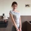 Niche design slanted shoulder short-sleeved T-shirt women's summer new three-dimensional multi-layer lace pure desire sexy top