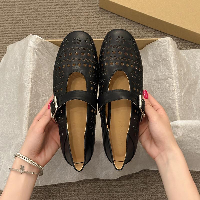 

Sheepskin version~ French flat-soled ballet shoes women s new super soft bag head sandals hollow breathable Mary Jane shoes dancing shoes 40 чёрный