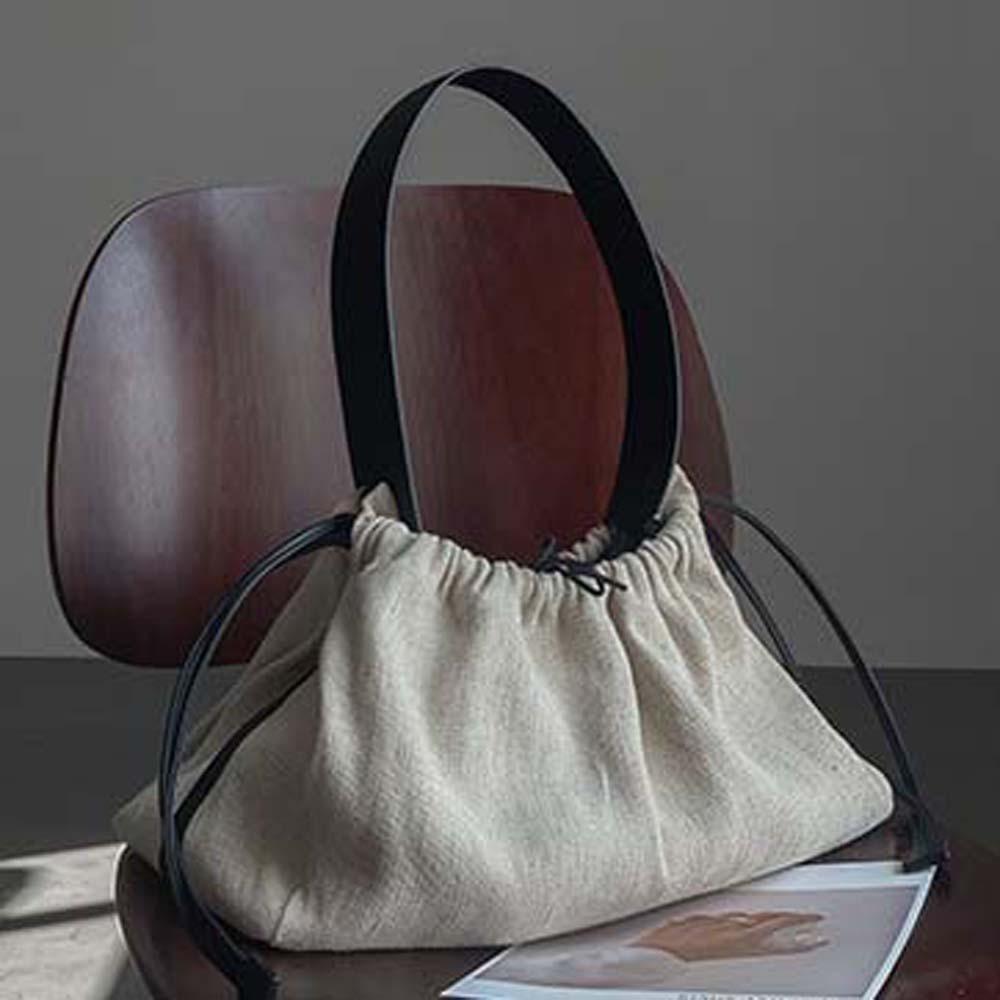 

Dark Lattice Drawstring Tote Bag Contrast Color Large Capacity Handbag Linen Shoulder Bag Portable бежевый