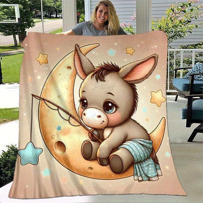 1pc Moon Donkey Printing Lightweight Flannel Blanket, Comfortable and Warm Blanket, for Camping Sofa Bed and Couch Office, Suitable for Gift Blankets