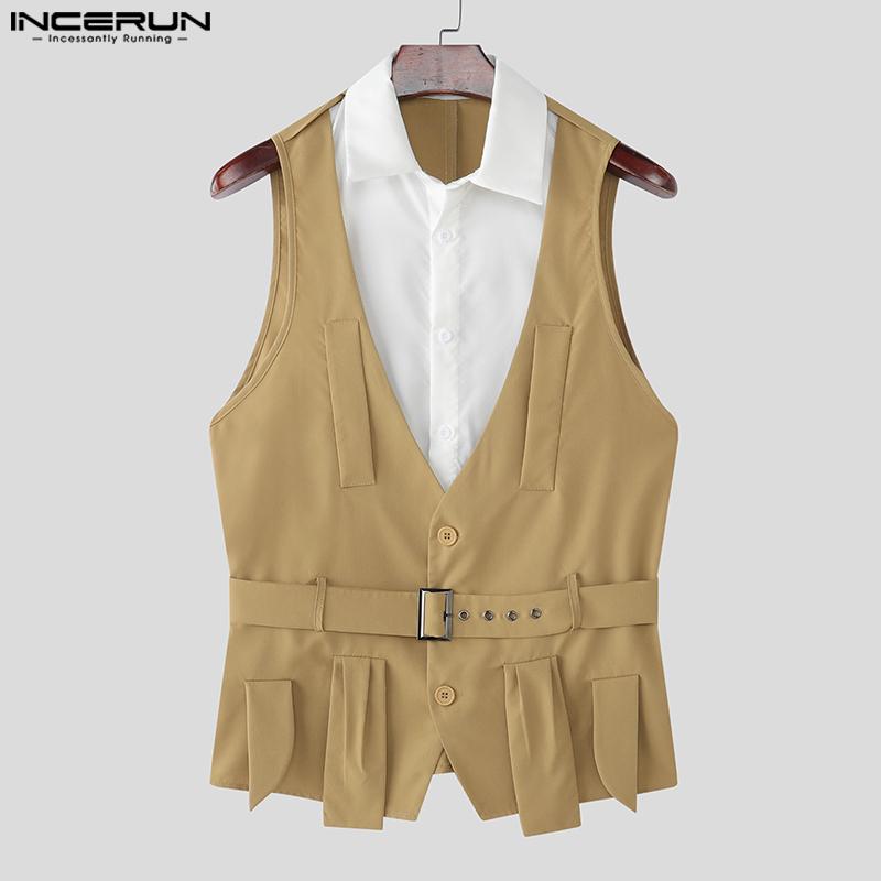 INCERUN Men Lapel Sleeveless Fake Two-piece Belt Waist Vest Waistcoats