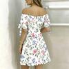 Women Plus Size Off Shoulder Tie Cuff Short Sleeve Floral Printed A Line Dress