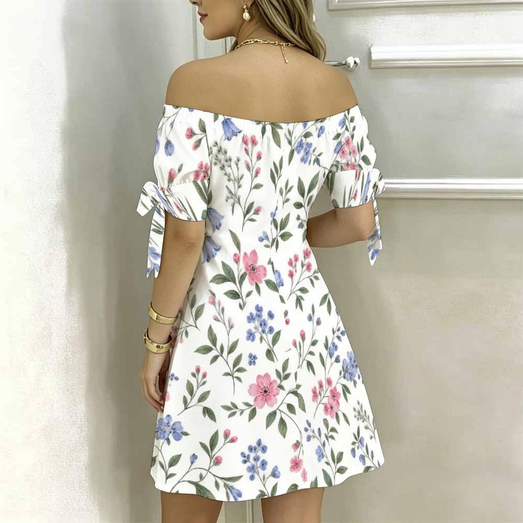 Women Plus Size Off Shoulder Tie Cuff Short Sleeve Floral Printed A Line Dress