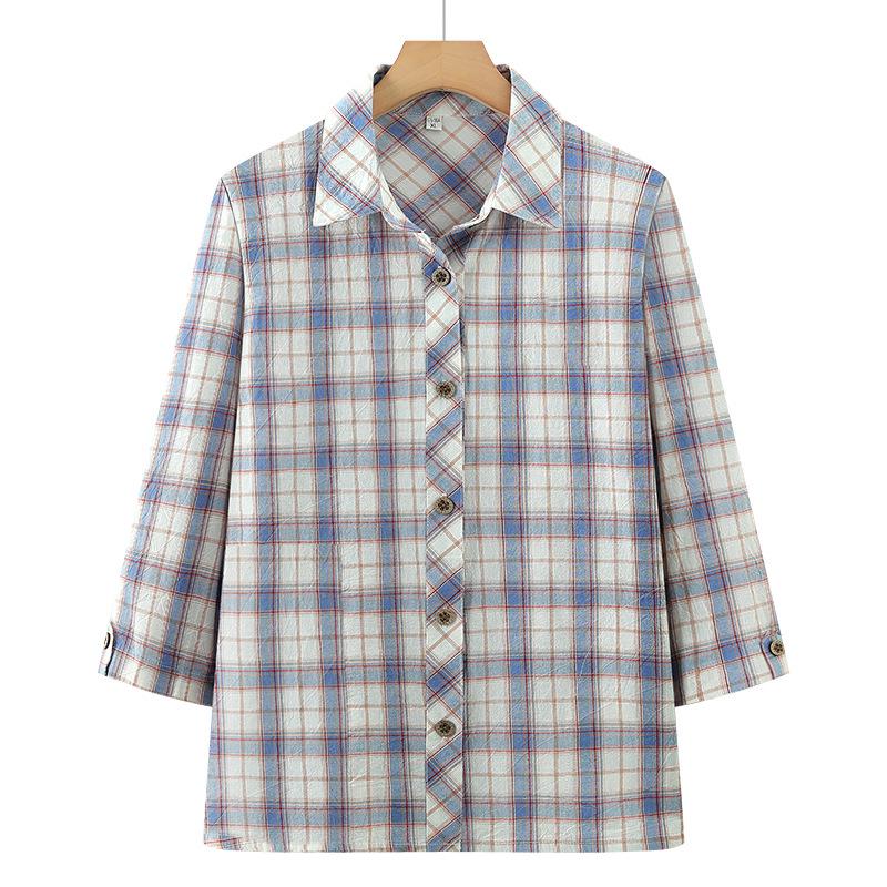 

2026 New Style Women s Mid-Sleeve Pure Cotton Plaid Shirt for Middle-Aged and Elderly - Summer Collection 3XL (110-125 jin)