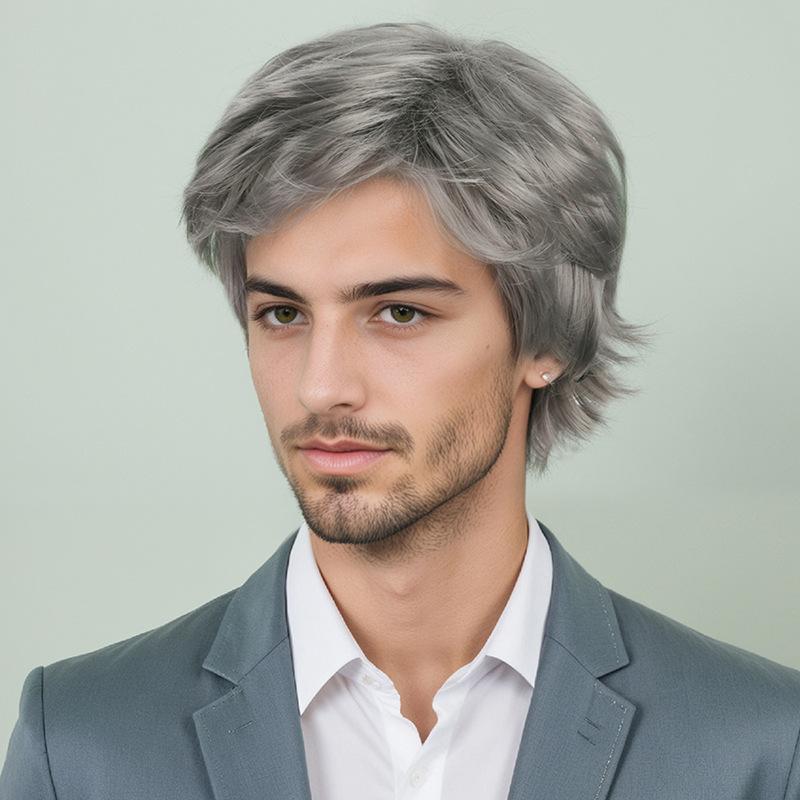 Men Synthetic Short Black Gray Wigs with Bangs Layered Wave Grey Hair for Daily Party Cosplay Heat Resistant Fibre