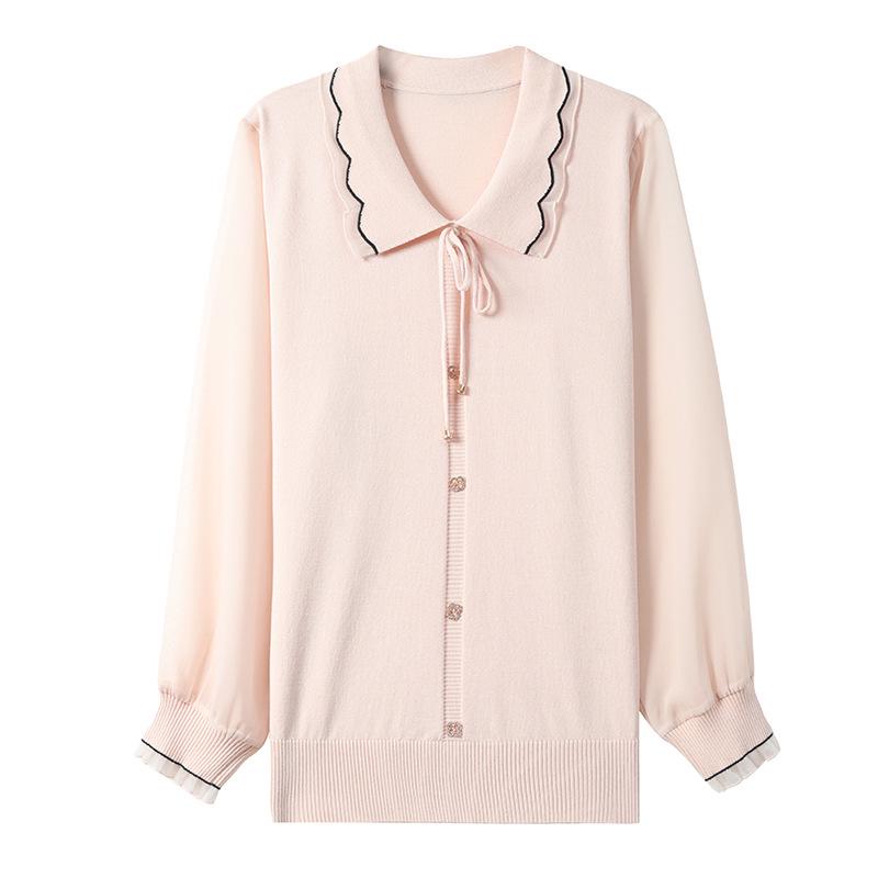 Stylish Spring Knit Top with Gauze Sleeves for Middle-aged and Elderly Women