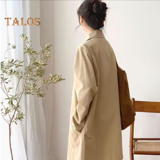 Damenjacke mit Umlegekragen, langen Ärmeln, geknöpfter Windbreaker, weite Taschen, mittlere Länge, Outdoor-Reise-/Pendlermantel