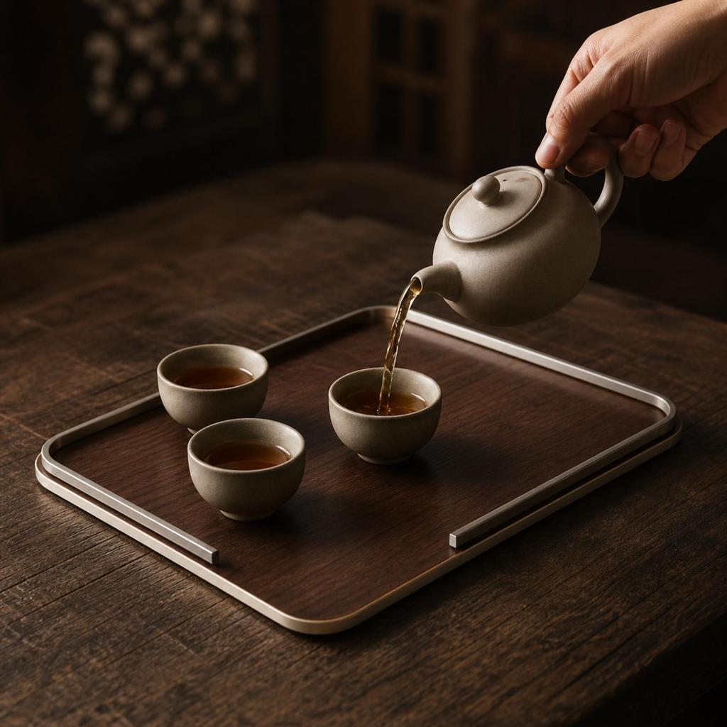 Wooden Tray with Metal Trim Slimline Rectangular Large for Coffee Table