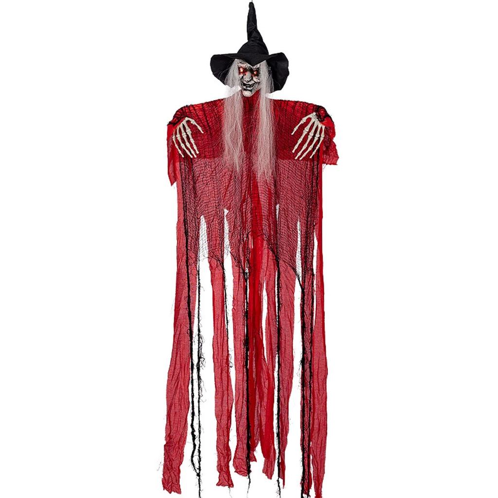 Halloween Hanging Witch Decoration, Sound Activated Light Up Glowing Red Robe Scary Horror Prop for Indoor Outdoor Decor