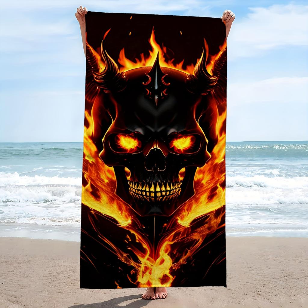Demon Skull Fire Flame Printed Beach Towel Polyester Soft Quick Dry Large Bath Towel Summer Swimming Pool Surfing Blanket