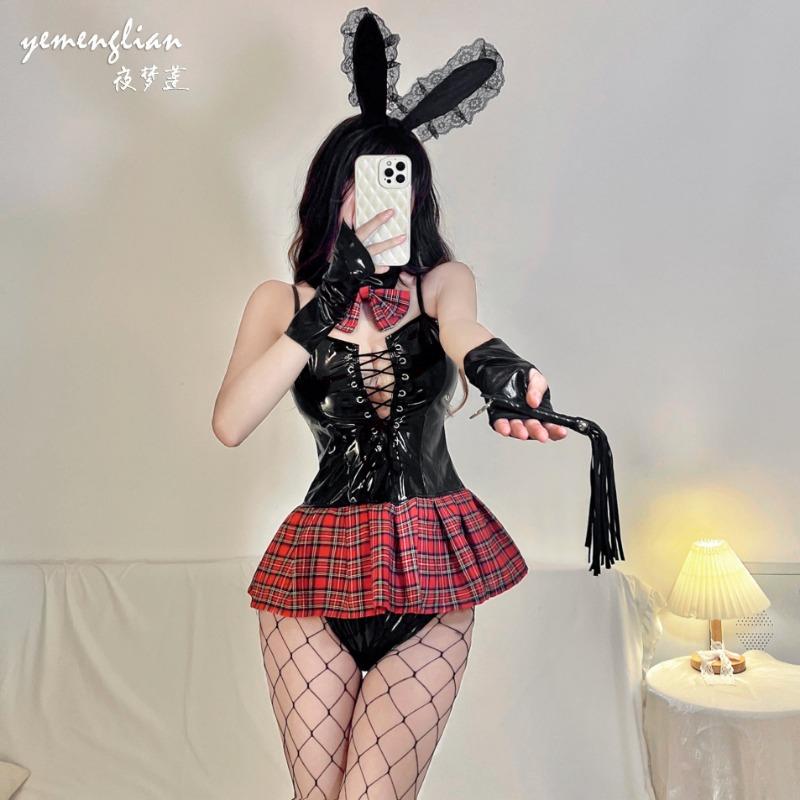 Sexy Lingerie Sexy Suspender Patent Leather Red Checked Skirt Uniform Bunny Temptation Straps Student Uniform Leather Jacket