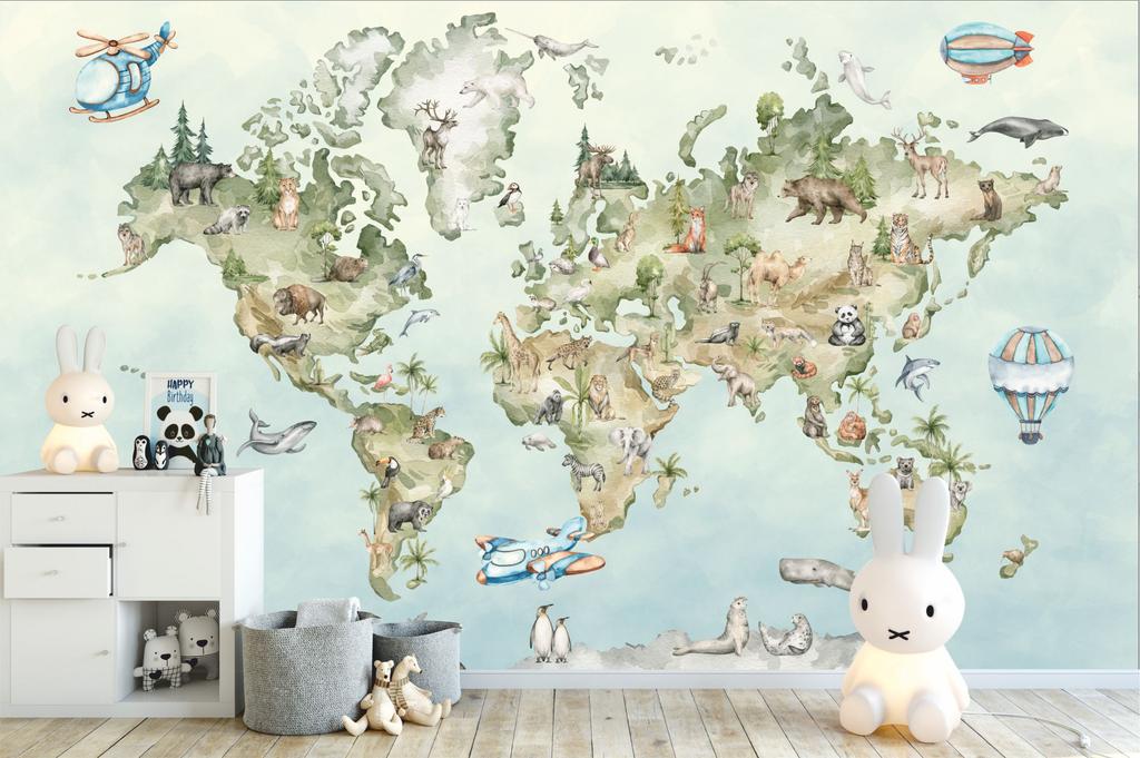 Children's Photo Wallpaper World Map with Animals M042 200x135