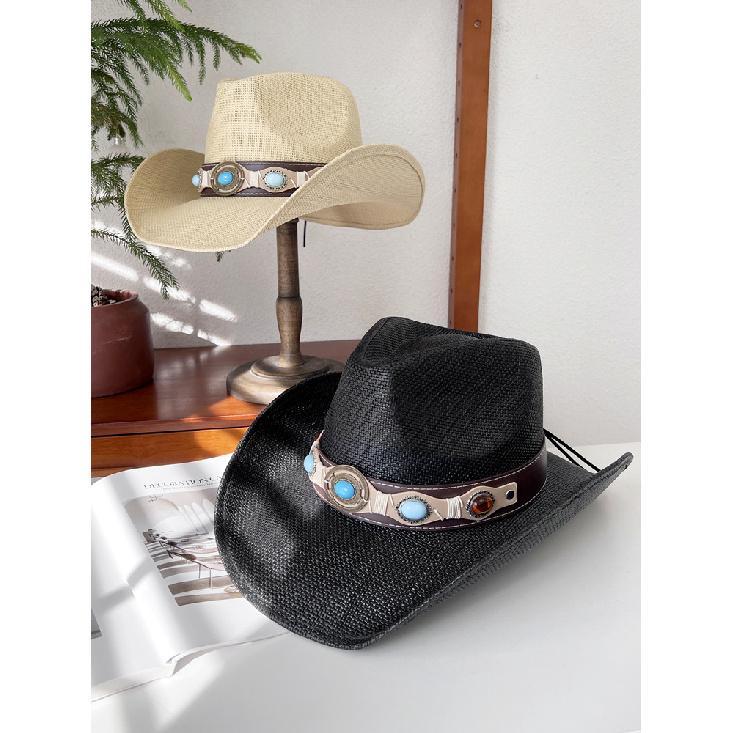 Western cowboy style straw hat for women, summer wide-brimmed hiking sun hat, ethnic style knight hat, men's sun protection hat
