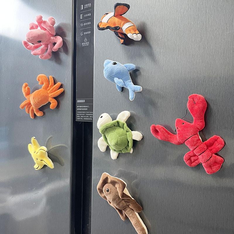 Plush Ocean Animal Refrigerator Magnet Set Including Bright Red Lobster And Cheerful Sea Star