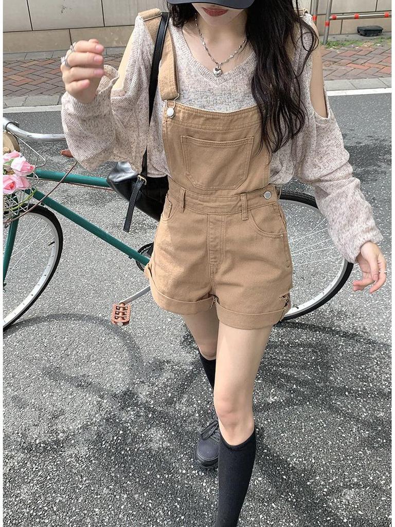 Off-Shoulder Sun Protection Shirt & Versatile Denim Overall Shorts for Women