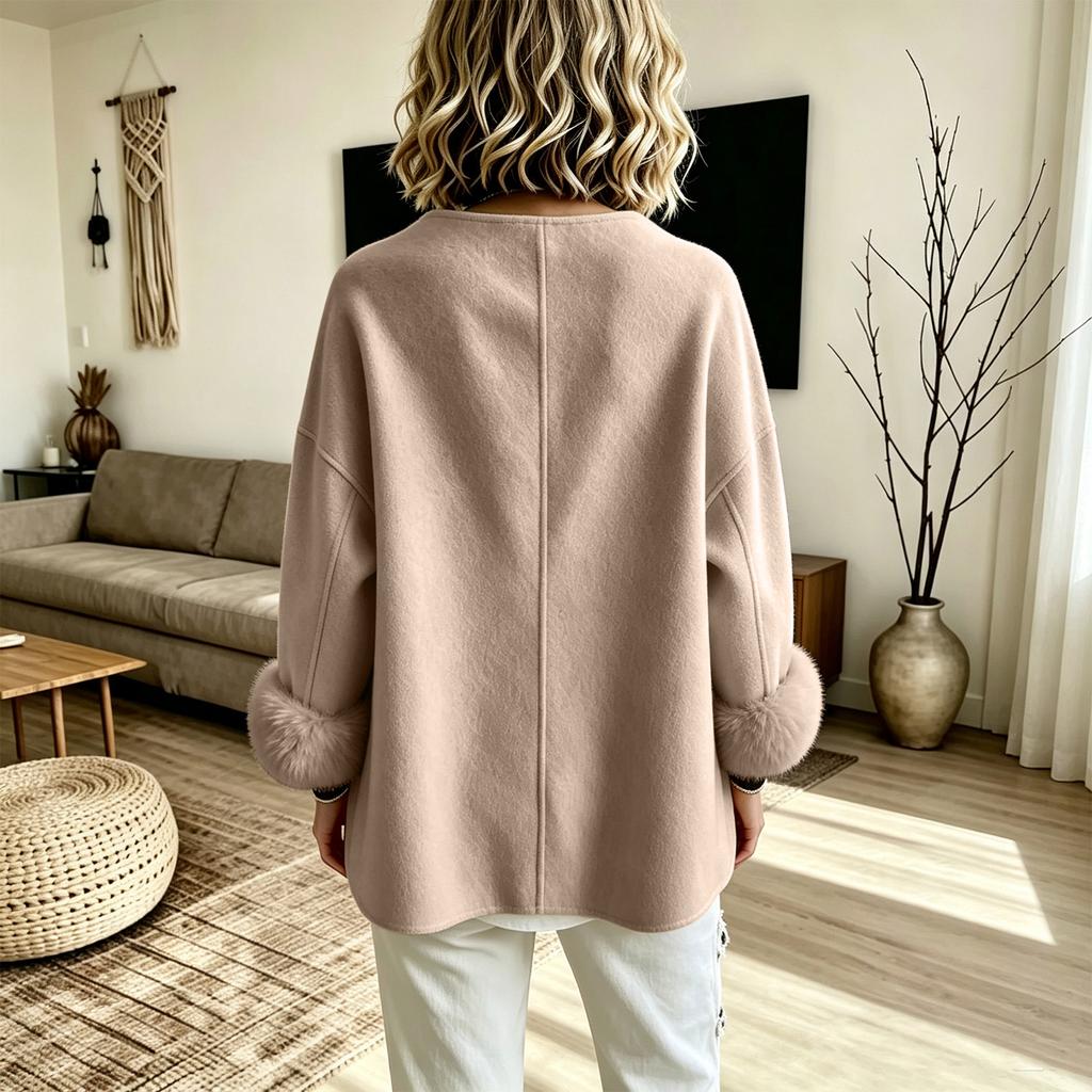 Women's Short Loose Fit Double-Faced Wool Coat with -Trim Cuffs, Color, European