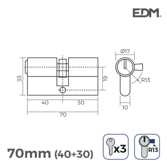 Cilindru de ușă din nichel 70mm (40+30mm) cameră de bord r13 cu 3 chei incluse edm