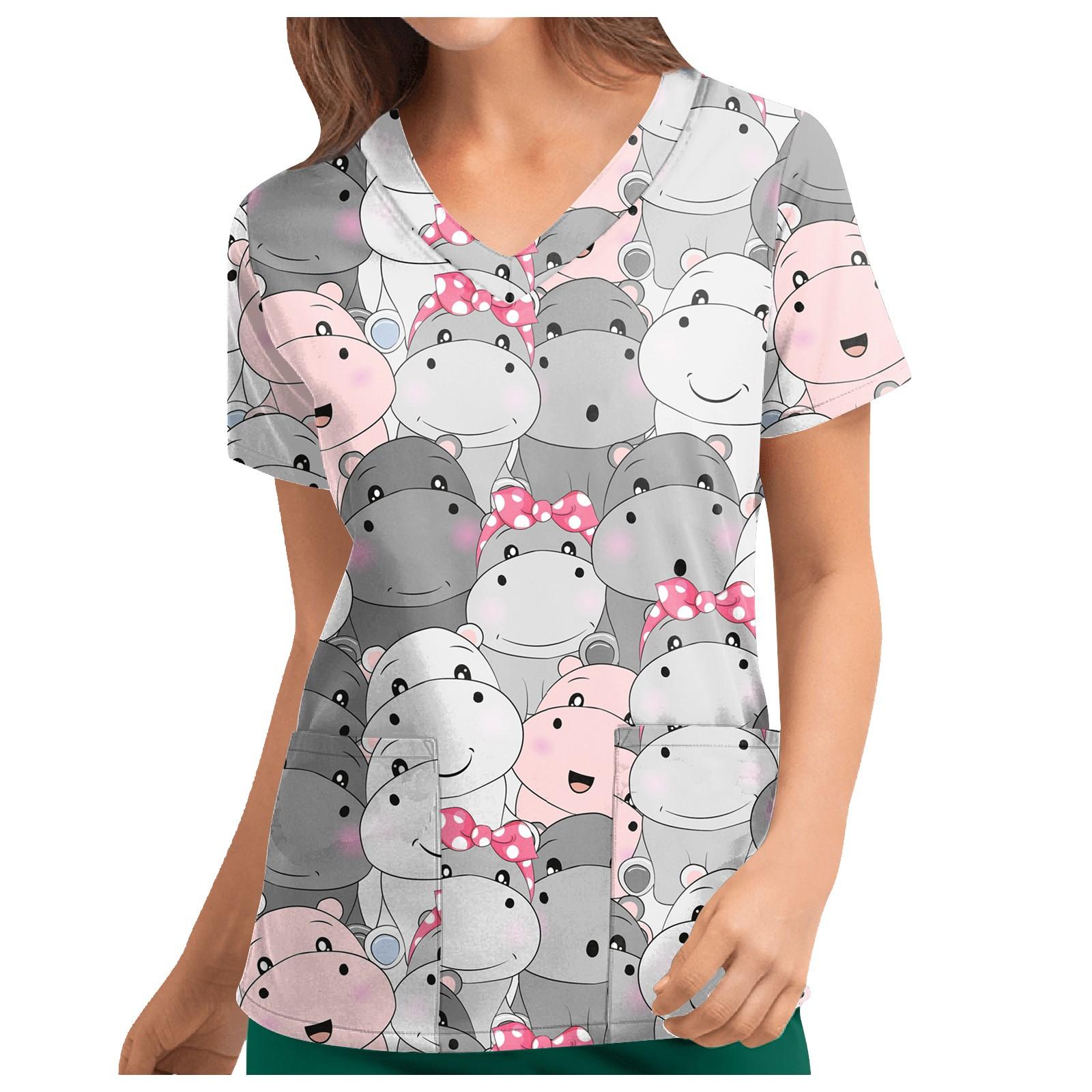 

Женские футболки с персонализированным милым принтом, топ с v-образным вырезом и короткими рукавами, рабочая форма, топы с карманами L серый