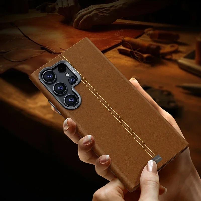 Einfarbige Vintage Lederhülle für Samsung Galaxy S26 S25 S24 S23 Ultra Plus Magnetische Kabellose Ladefunktion Mattschwarze Metall-Linsenabdeckung