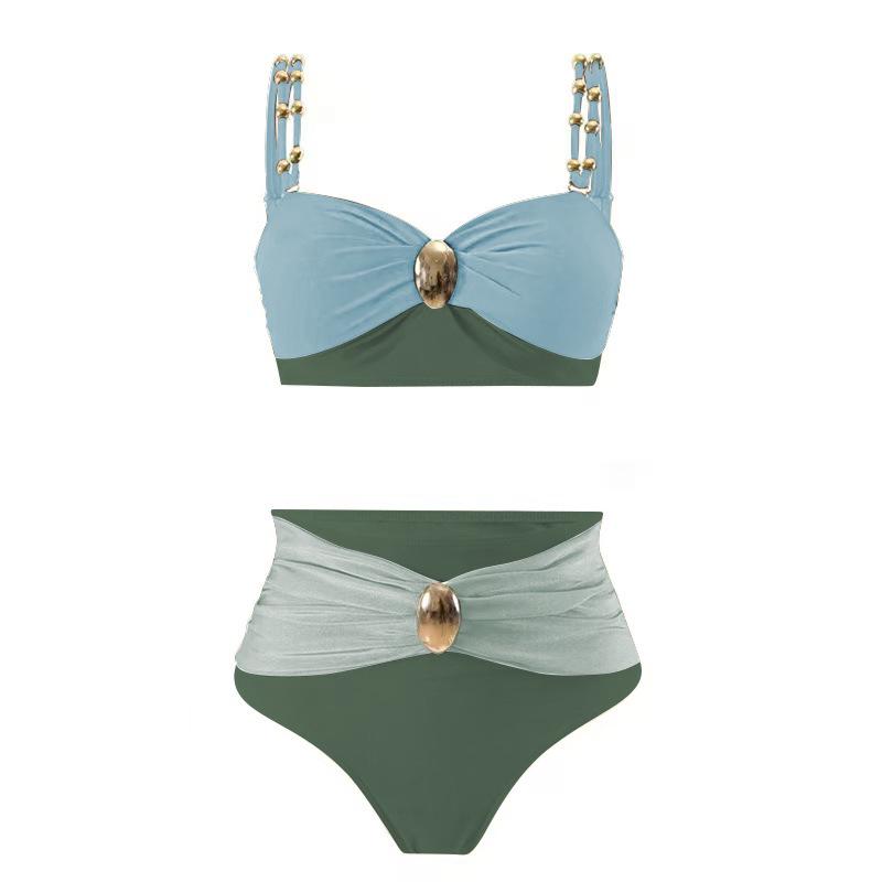 2025 Gold-Plated Color Block High Waist Bikini for Women