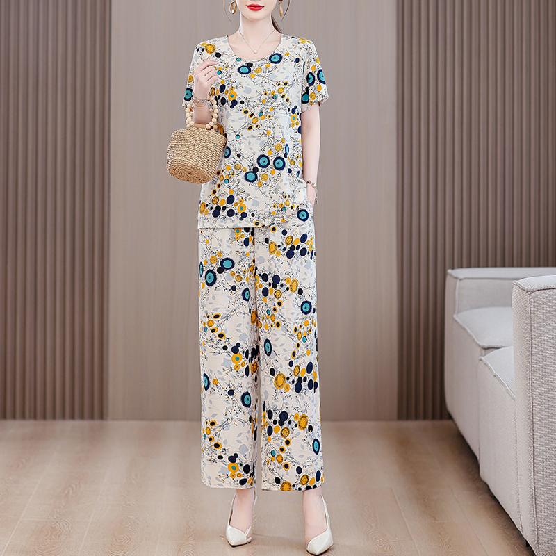 Summer Sets for Women 2 Pieces Plus Size Loose Elegant High Waist Pants Sets Vintage Middle Aged Women's Clothing