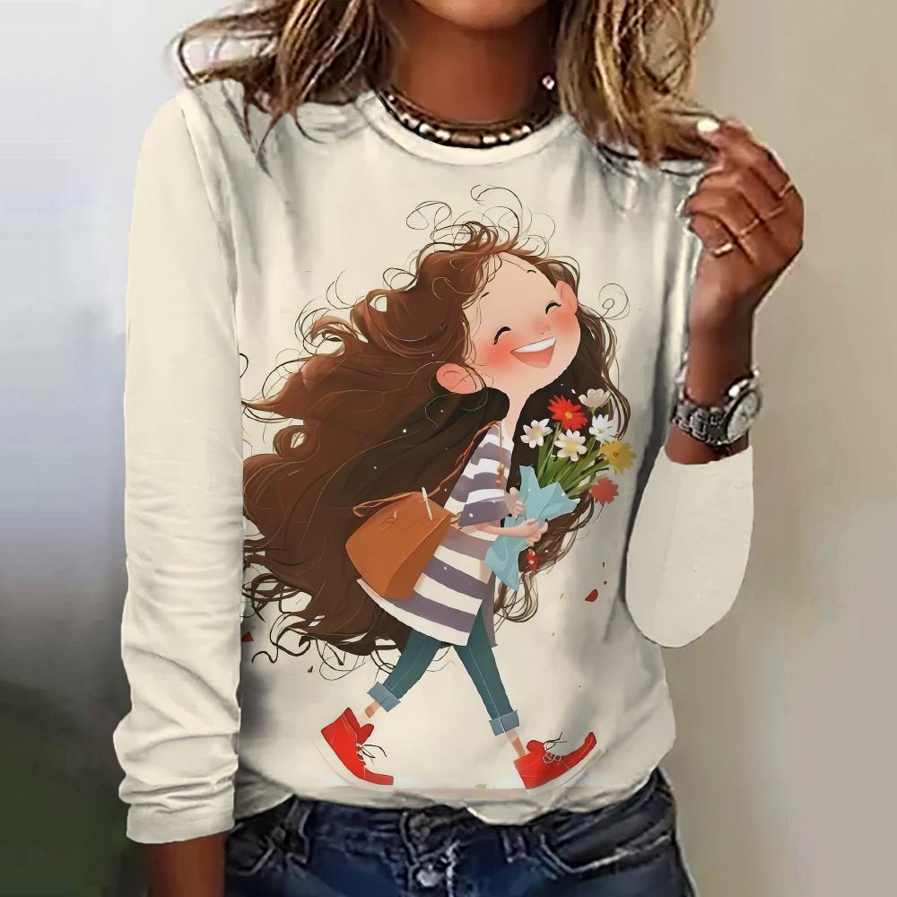 Women's T-Shirt Top Long Sleeved Pullover Fashion Little Girl Print Street Round-Neck Tee Shirt Female Everyday Loose Clothing