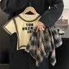 Girls' Summer Set: Letter-Outlined Short-Sleeve T-Shirt + Plaid Skirt-Pants Unique Street Style Two-Piece Set