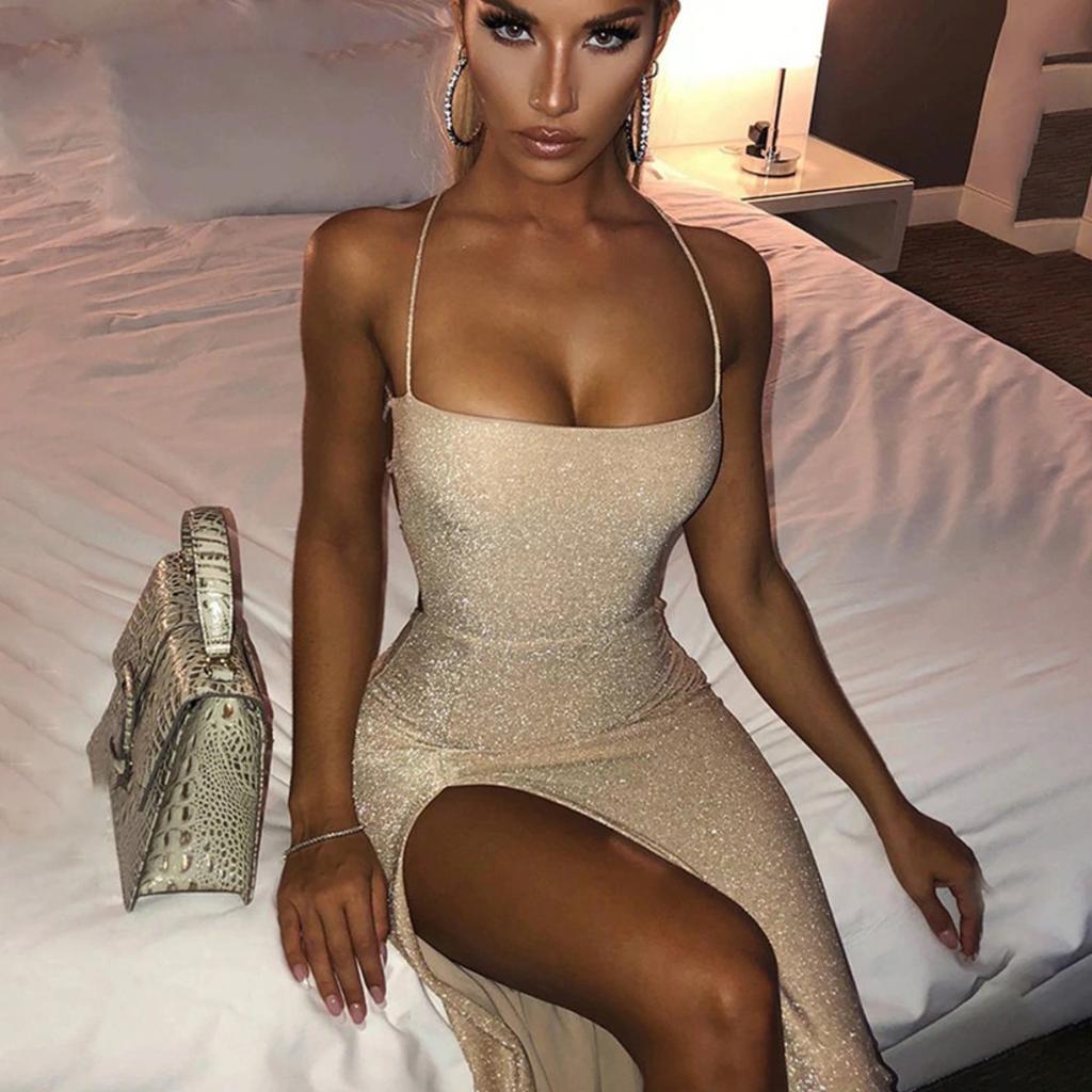 Módní Sexy Bez Zad Čtvercový Výstřih Šle Jednobarevné Zlatý Samet Rozparek Bodycon Šaty pro Ženy Evropské Americké