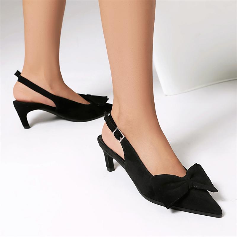Women's Heels Summer Shoes 2025 New Fashion Bow Close Point Toe Black Brown Short Heeled Party Office Shoes Female Slingbacks