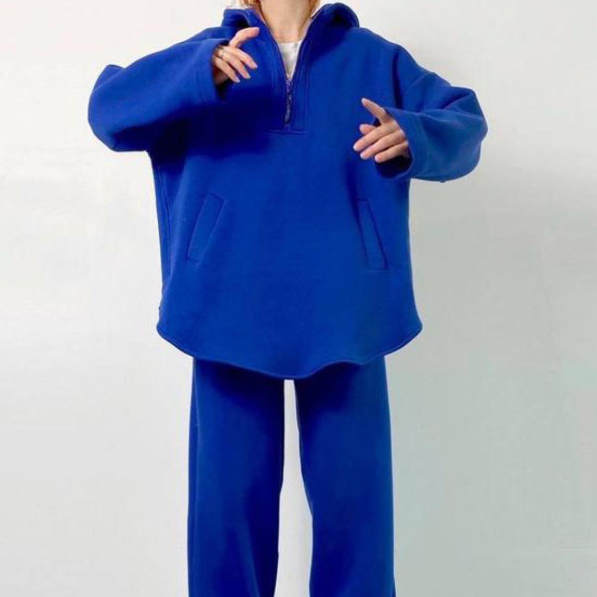 

Женский однотонный длинный рукав с капюшоном и V-образным вырезом, толстовка с капюшоном, костюм на осень-зиму, свободный топ, широкие брюки XL синий