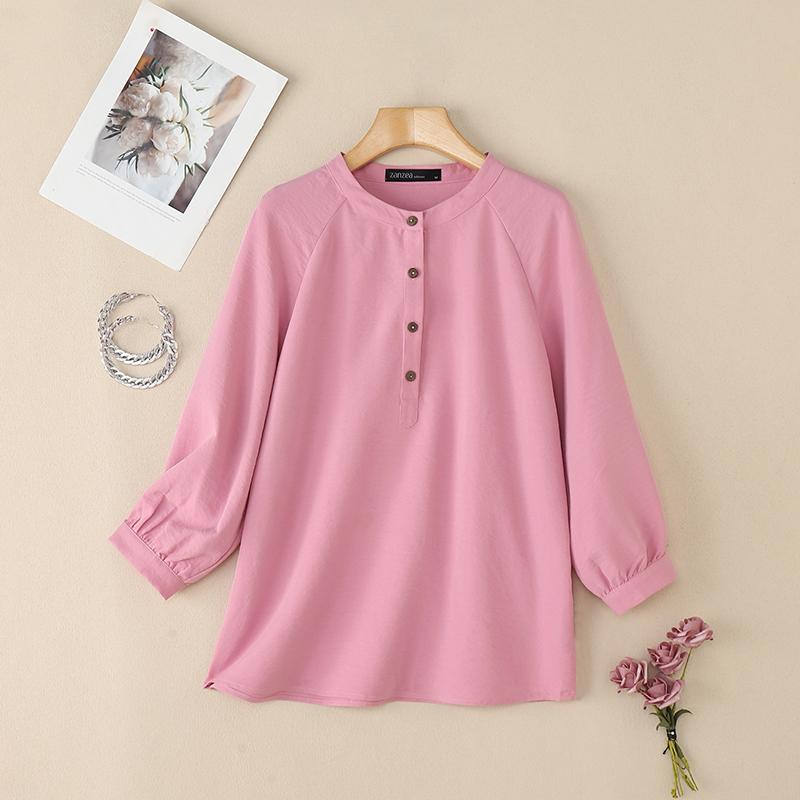 

ZANZEA Женская повседневная блузка с круглым вырезом, однотонная, свободного кроя, с длинным рукавом S розовый