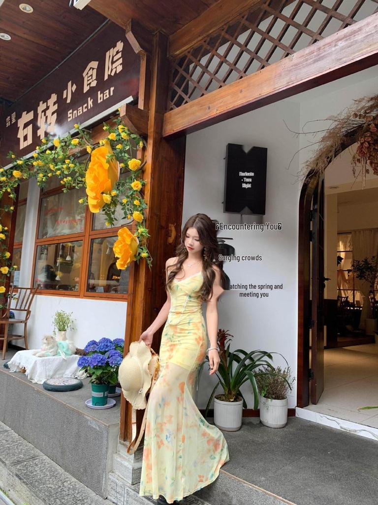 Women's Floral Tie-Up Backless Camisole Maxi Dress - Summer Waist-Cinched Mermaid Style
