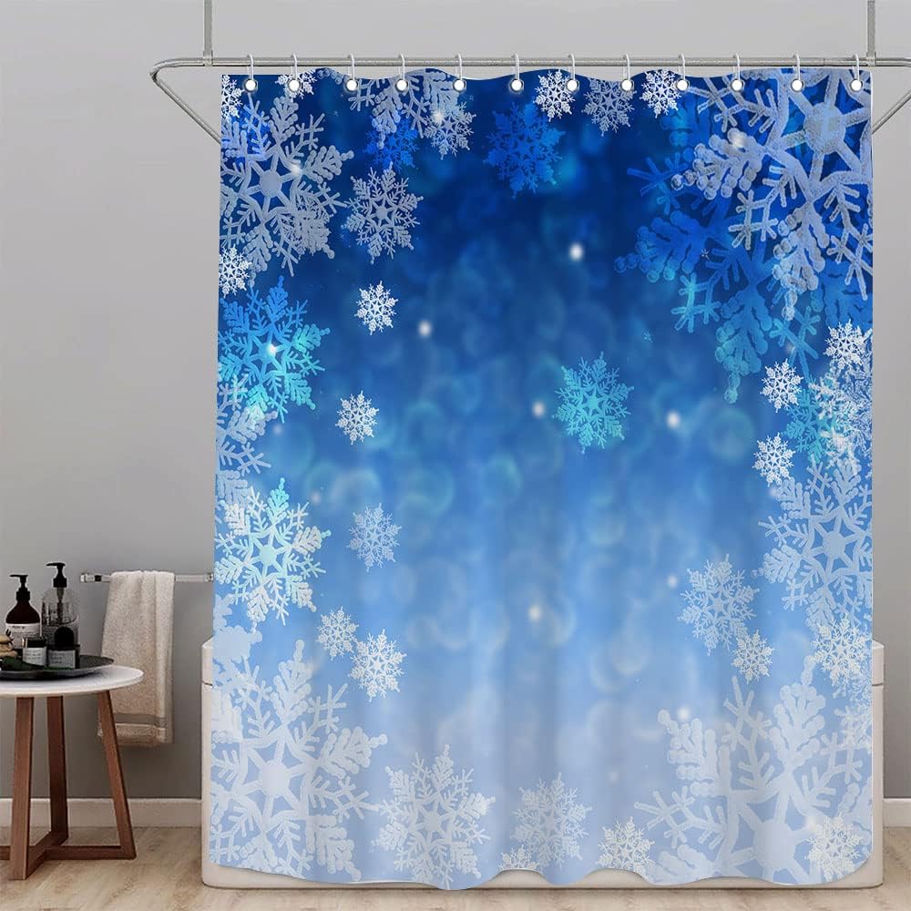 Blue Christmas Shower Curtain, Winter Snowflake Shower Curtains Set with 12 Hooks, Holiday Home Decor Fabric Shower Curtains