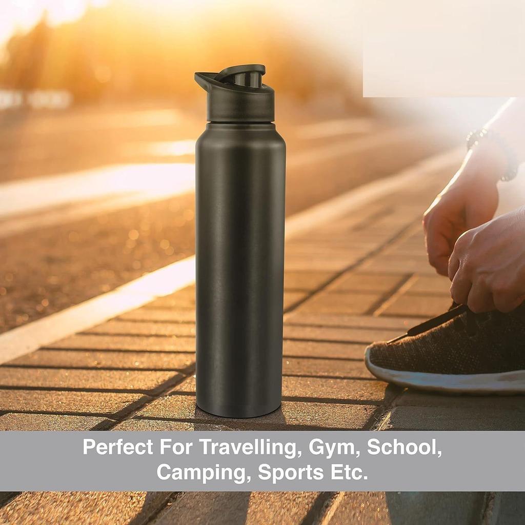 Stainless Steel Water Bottle 1 Ltr For Kids, Boys, Girls, 1 Litre Bottles for Gym, Sports, Fridge Use, School & Office (Sipper Cap - Set of 3, Black)