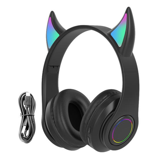 Bluetooth-compatible Headphone LED Devil Ear HiFi Glowing Cute Stereo Bass Wireless Headset