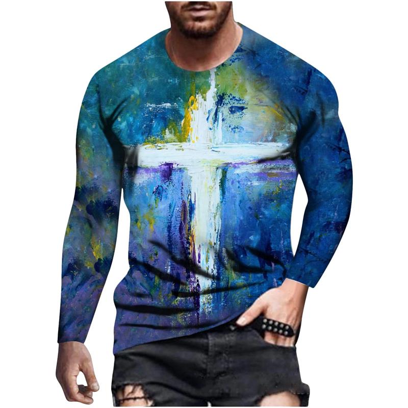 Jesus Cross 3D Print T-Shirts Men's Round Neck Long Sleeve T Shirt Streetwear Harajuku Y2k Hip Pop Street Wear Tops Mens Clothes
