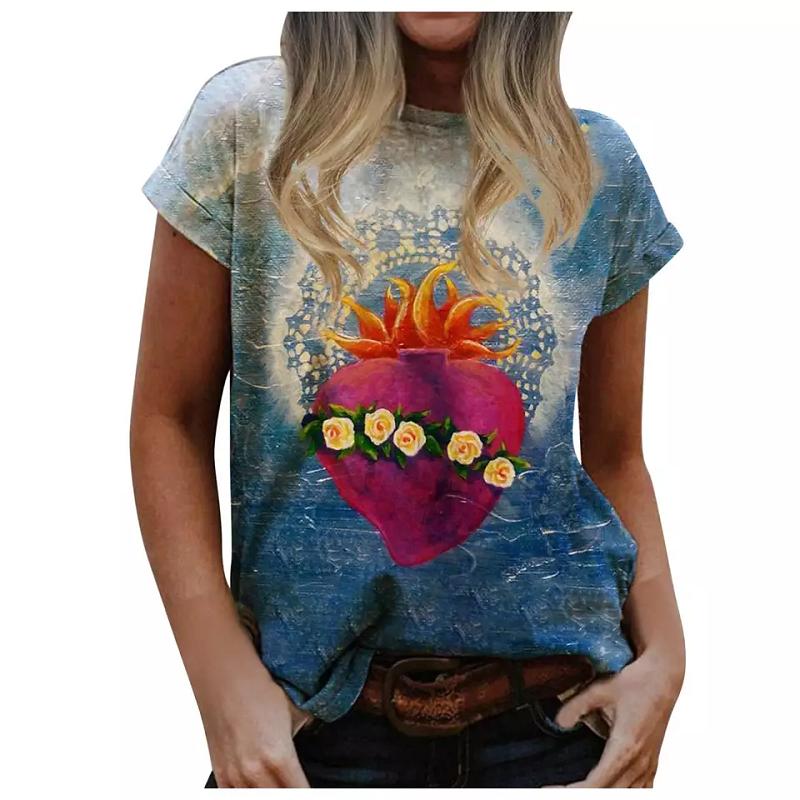 Letní tričko Panny Marie s 3D tiskem Dámské tričko s výstřihem Streetwear Ježíš Náboženský Kreslený Top Neformální Tričko Harajuku O Neck