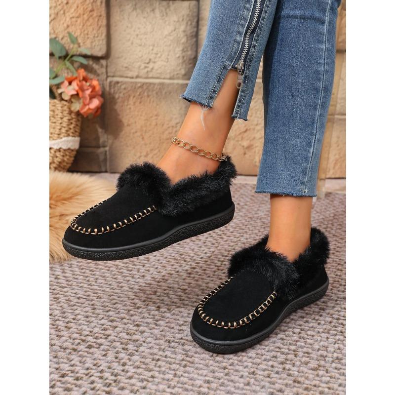 Women's Plus Size Furry Cuff Flat Cotton Shoes Autumn Winter Fleece Lined Warm Slip on Shoes