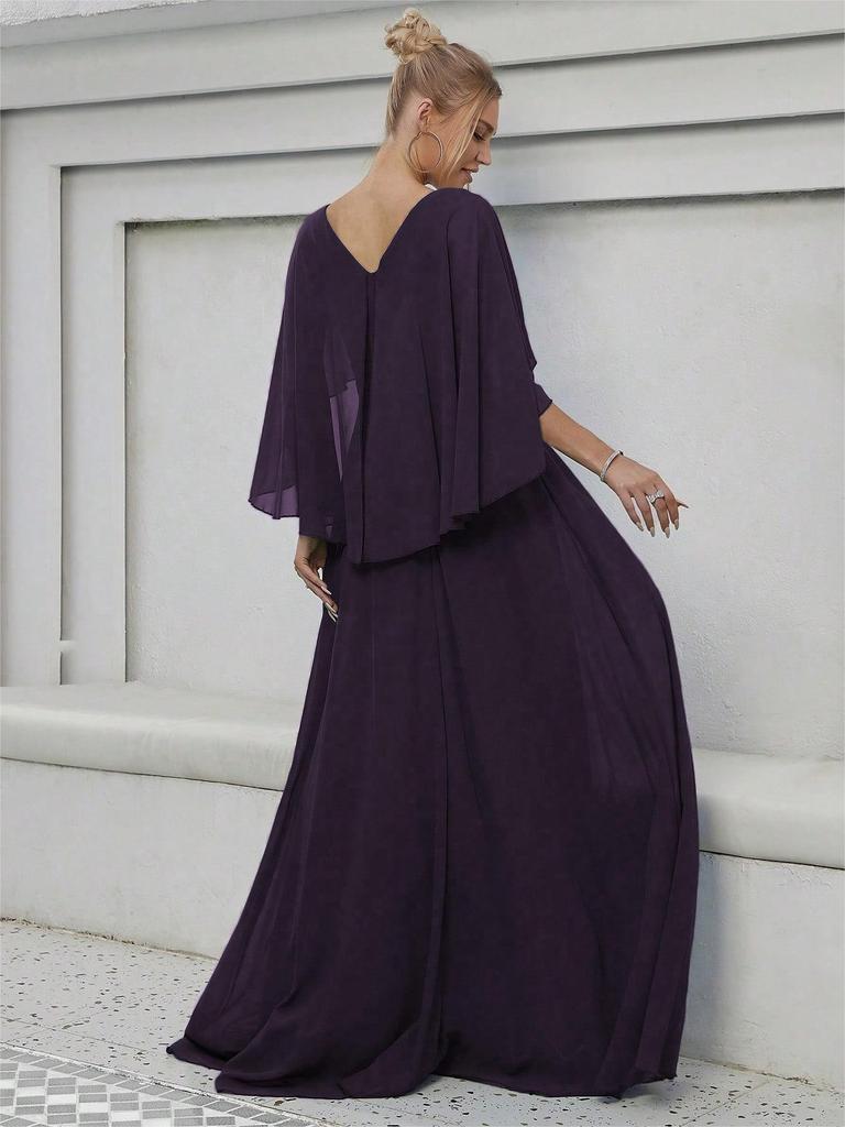 Elegant V-Neck Sequined Evening Gown with Trumpet Sleeves and Embroidered Applique