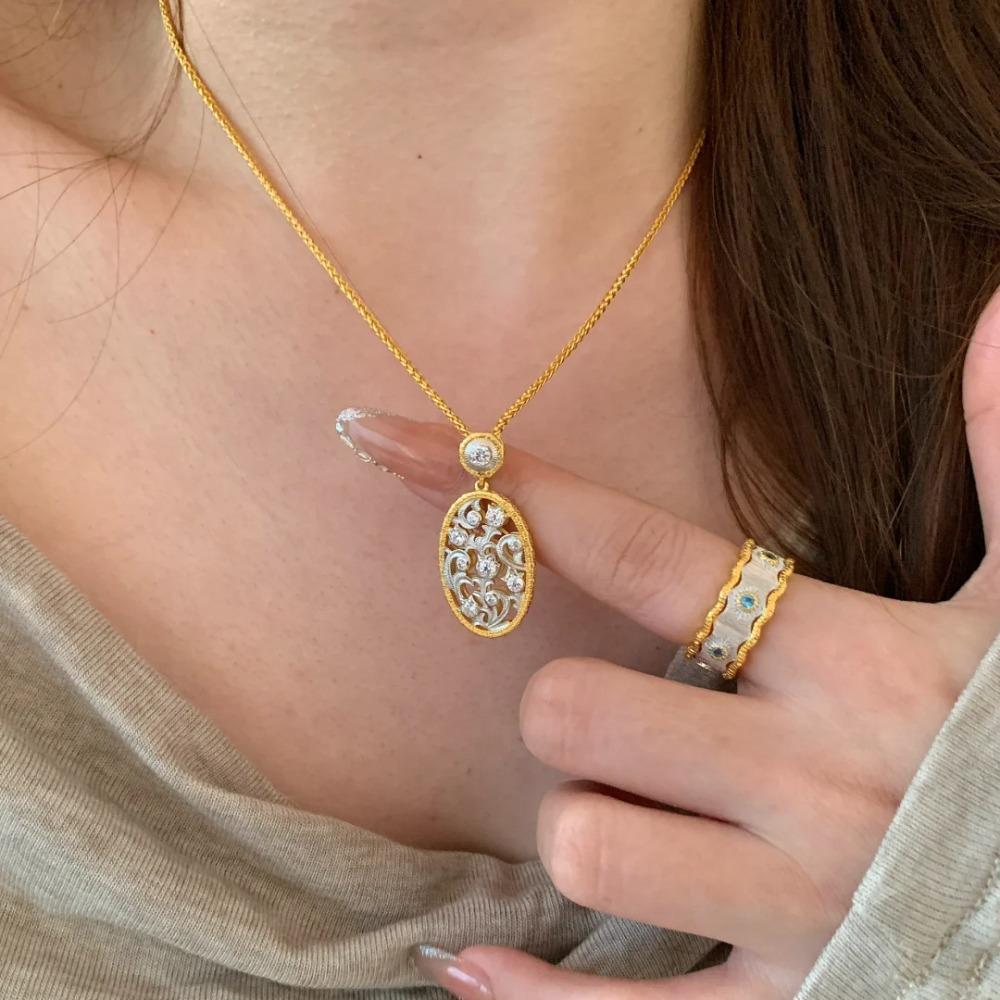 

Italian Textured Vintage Lily of The Valley Pendant Necklace with Diamond Sky Blue Ring Women Jewelry Set