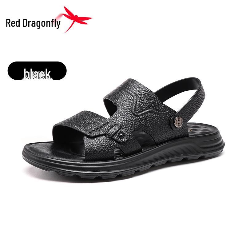 Red Dragonfly Men s Genuine Leather Non-slip Beach Sandals - Casual Soft Sole Two-way Wear Slippers 40