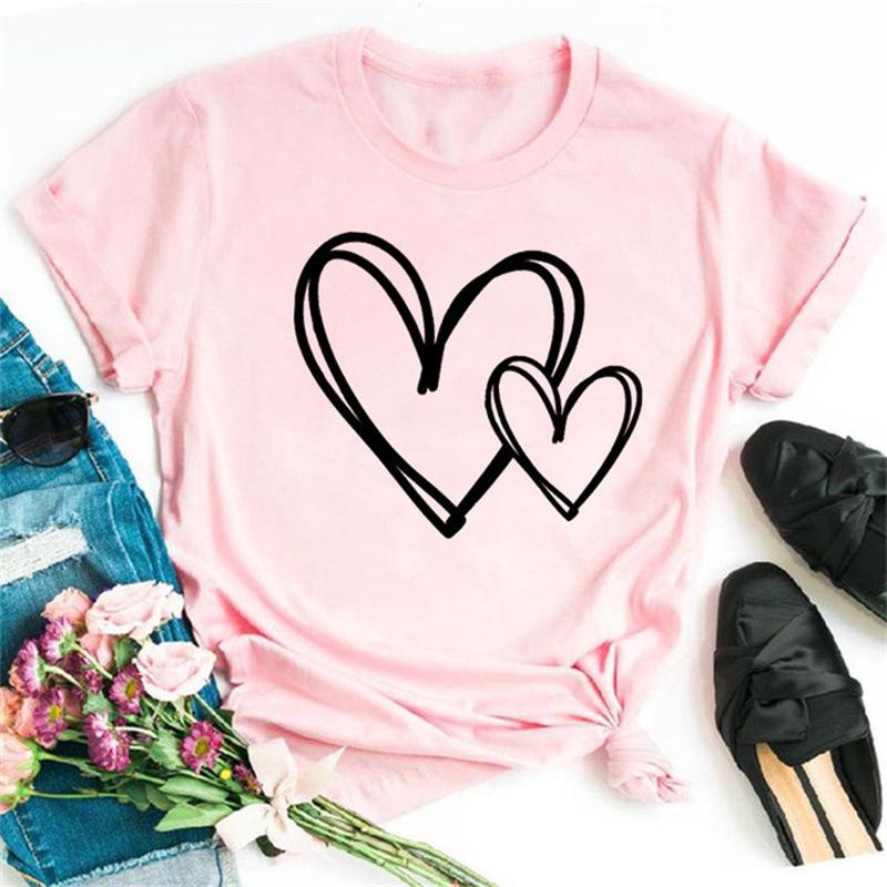 Women's Fashion T-shirt Short Sleeve Summer Cute Love Heart Print Casual Tee Tops