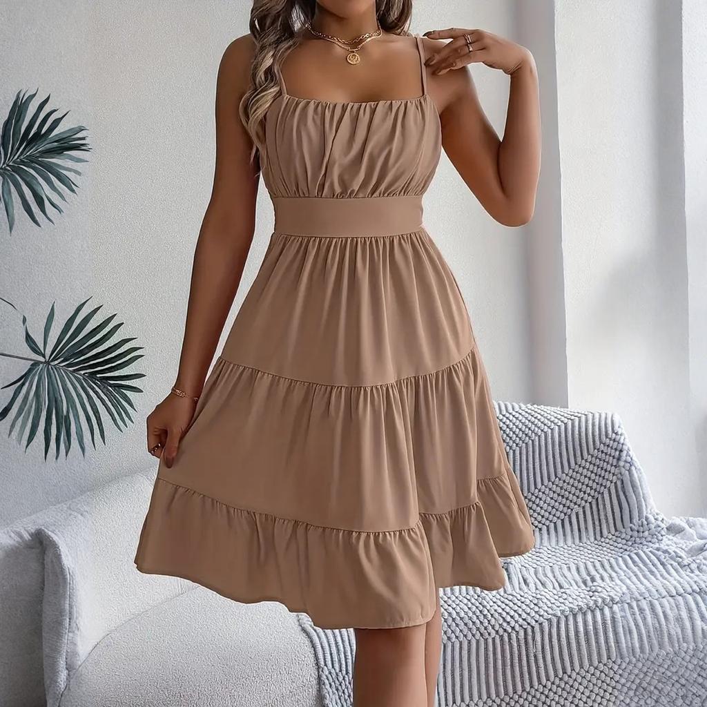 Women's Fashionable Solid Color Square Neck Sleeveless Camisole Layered Pleated Dress