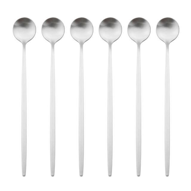 

6 шт., набор ложек с длинной ручкой золотого цвета, матовый набор столовых приборов из нержавеющей стали, полированный набор столовых приборов для перемешивания, напитков, мороженого, десерта, чайной ложки, посуда серебряный